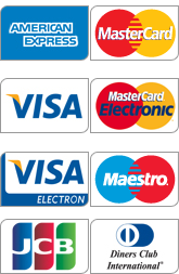 Visa, Mastercard, American Express, Diners Club, JCB